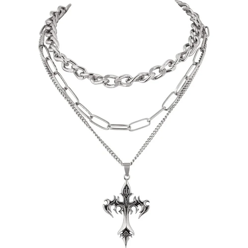 Gothic Layered Cross Pendant Necklace, Goth Emo Grunge Necklace, Goth Jewelry, H